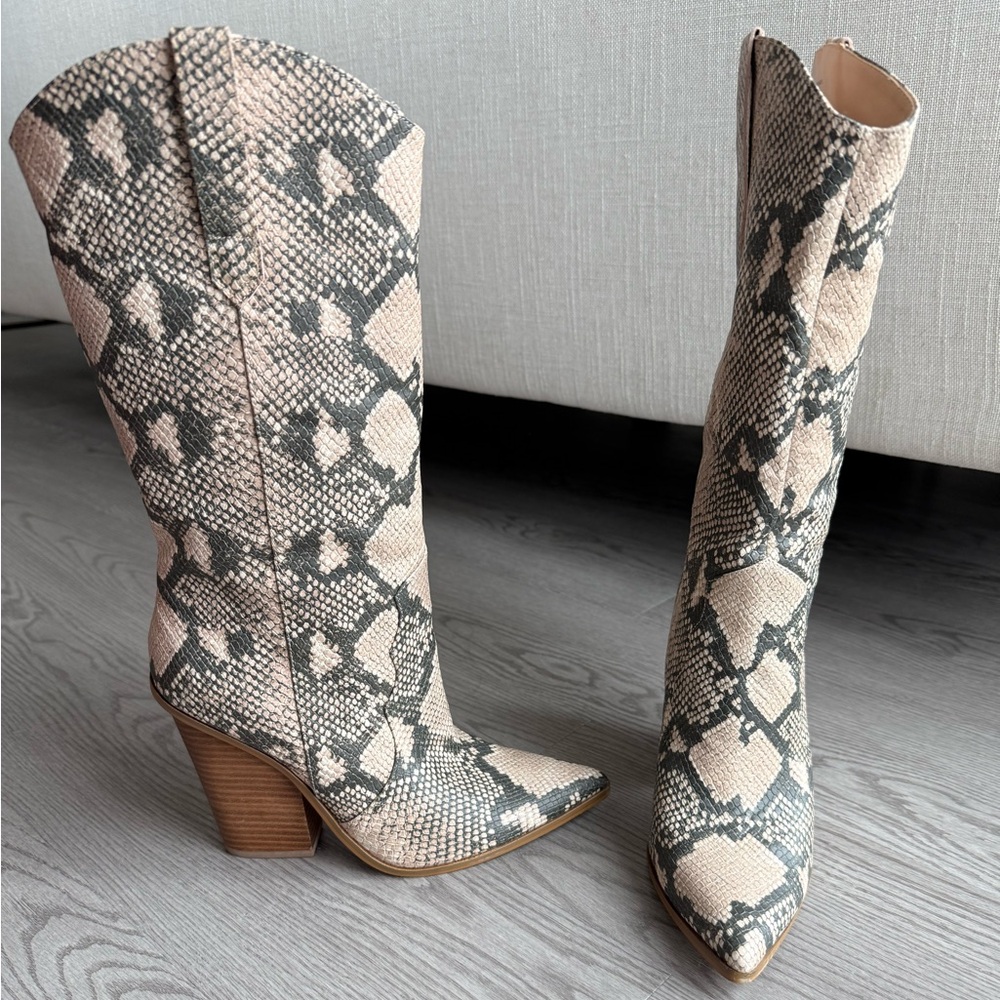 Sam Edelman Snakeskin Heeled Boots - Black and Cream